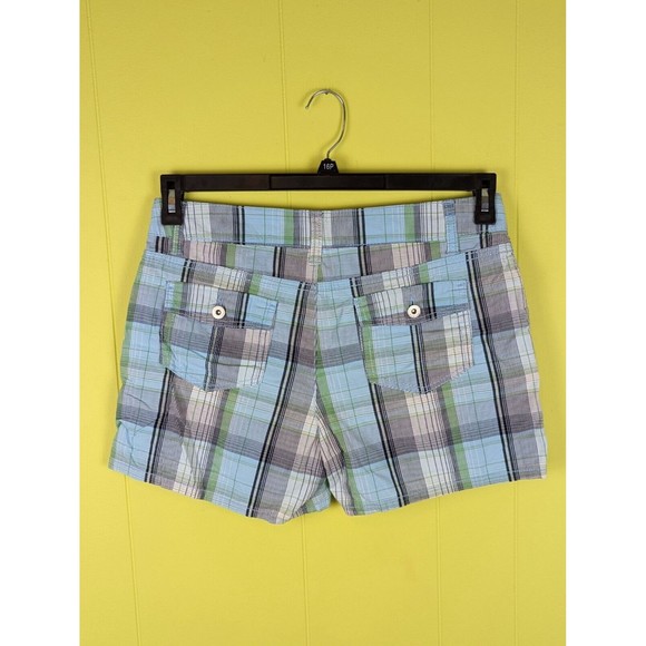 FADED GLORY Women 10 Blue Green Plaid Mid Rise Stretch Chino Shorts Flap Pockets - Picture 2 of 9